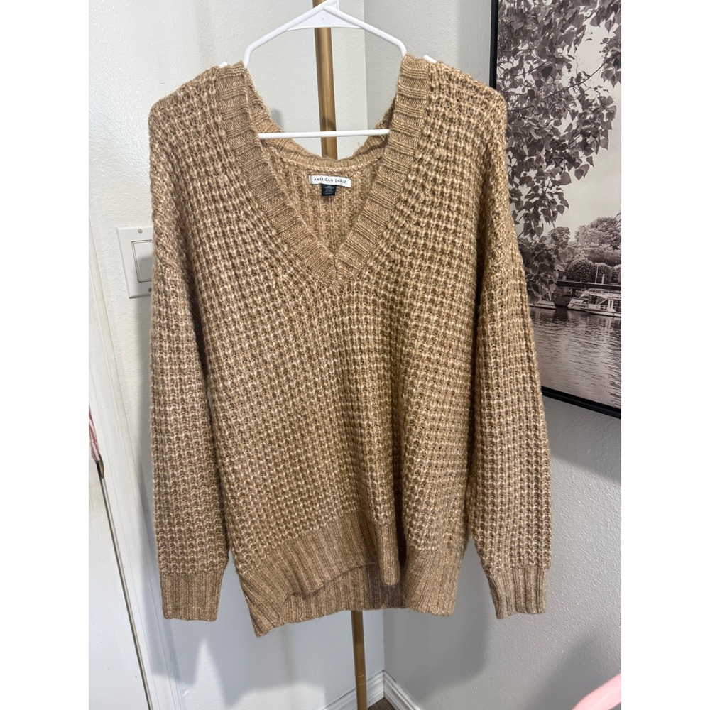American Eagle‎ Waffle Knit V-Neck Sweater Tan Brown Oversized Pullover XXS